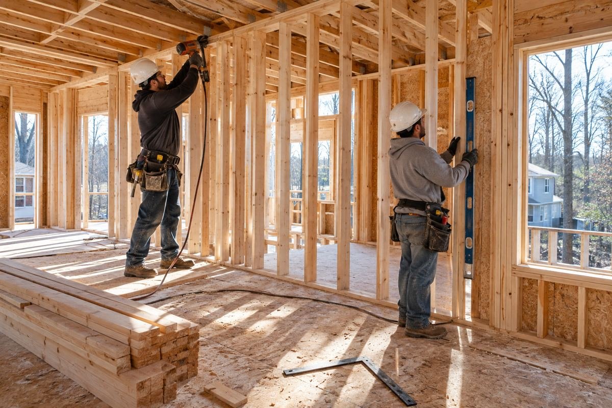 Two carpenters framing an interior stud wall with a framing nailer and a level