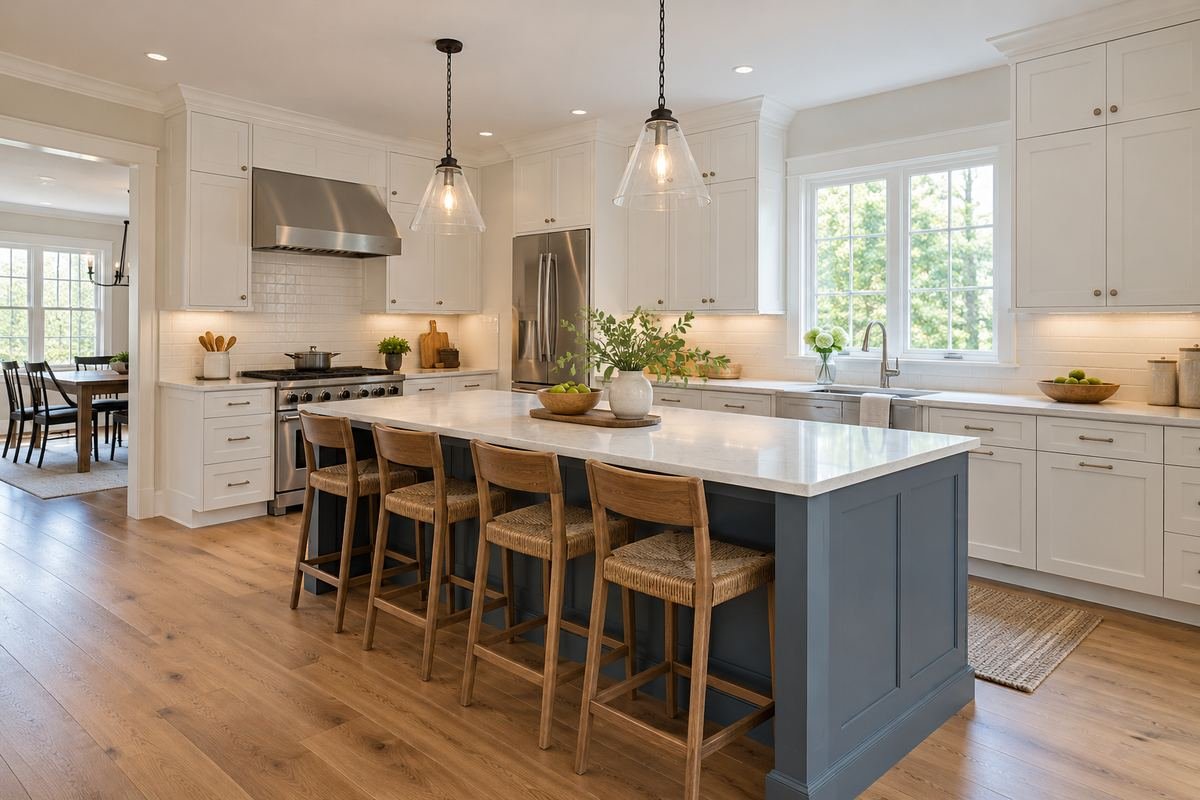 Remodeled kitchen with white shaker cabinets, a navy island with quartz top and white oak floors