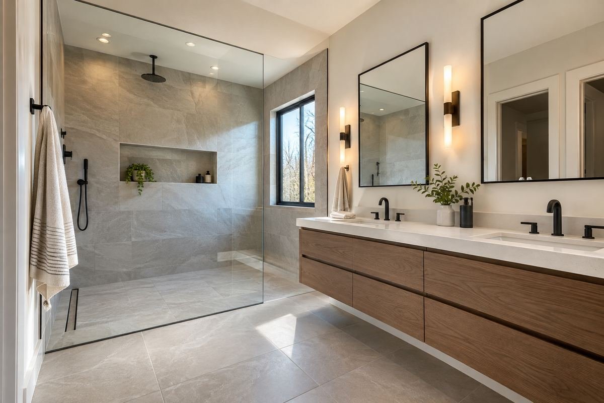 Renovated bathroom with a curbless glass shower, large-format tile and a floating double vanity