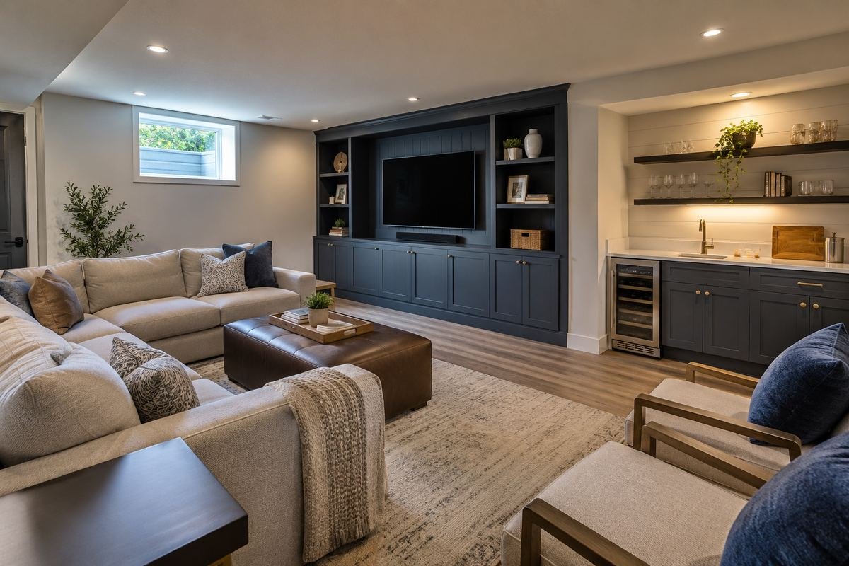 Finished basement with a built-in media wall, wet bar and luxury vinyl plank flooring