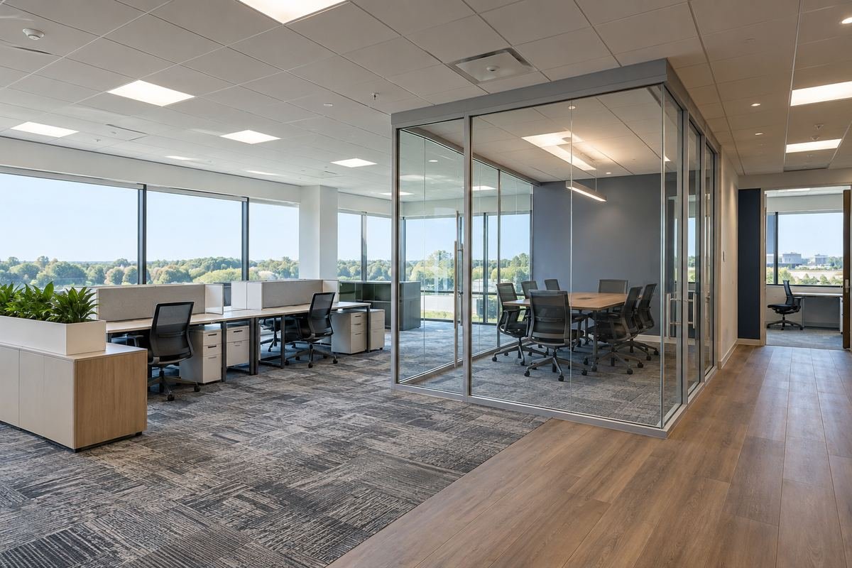 Office tenant build-out with open workstations and a glass-front conference room