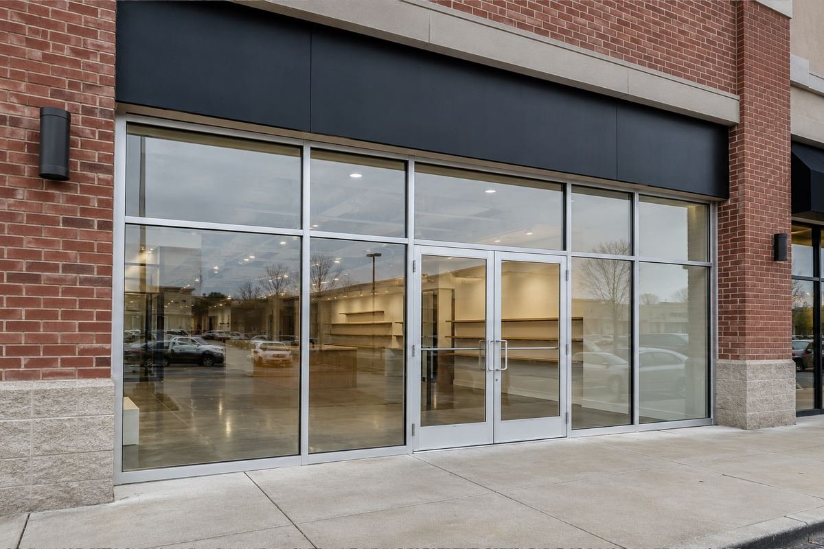 New aluminum storefront and finished retail interior in a brick shopping center