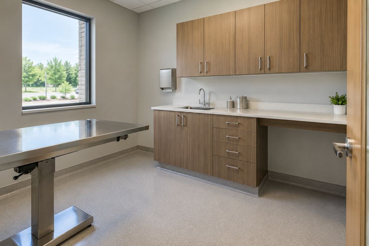 Veterinary exam room with a stainless exam table, casework and sheet vinyl flooring