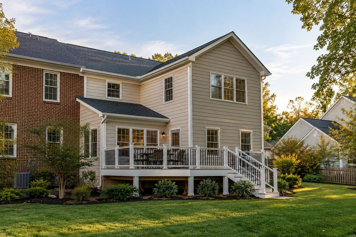 Two-story rear addition with new siding, windows and a composite deck on a brick colonial home