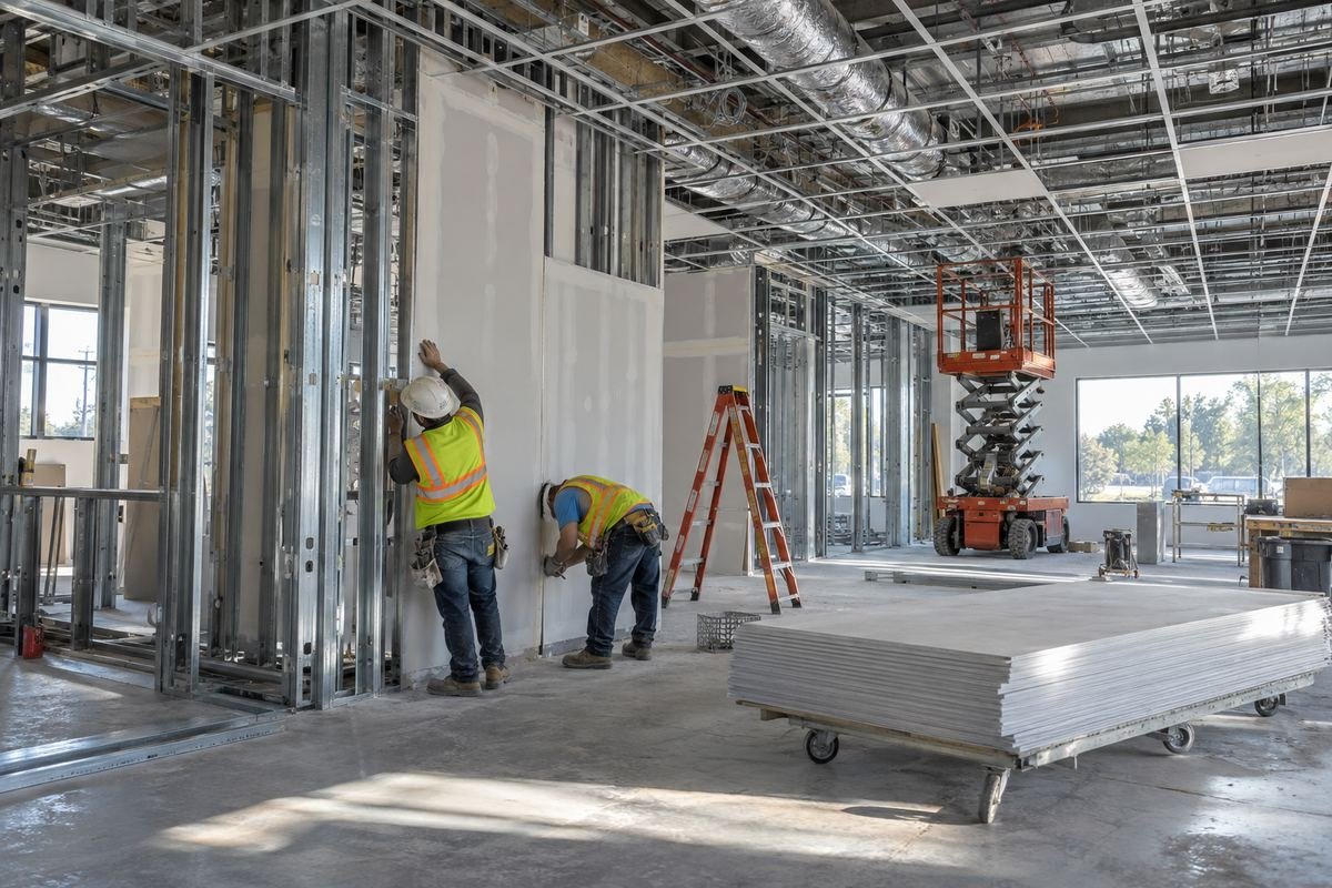 Workers hanging drywall on steel stud partitions during a commercial interior fit-out